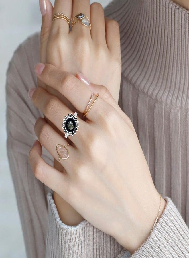 HAIXIAN Round Natural Black Obsidian Stone Ring for Women,Retro Antique Vintage S925 Sterling Silver Real Genuine Crystal Quartz Gemstone Boho Bohemian Ring Jewelr (A_Obsidian, 9) - Image 5
